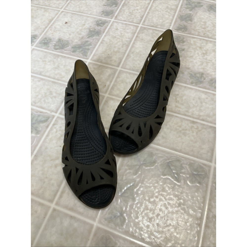 Crocs Adrina III Sandals Womens Black/Gray Peep Toe Jelly Cutout Shoes Sz 8